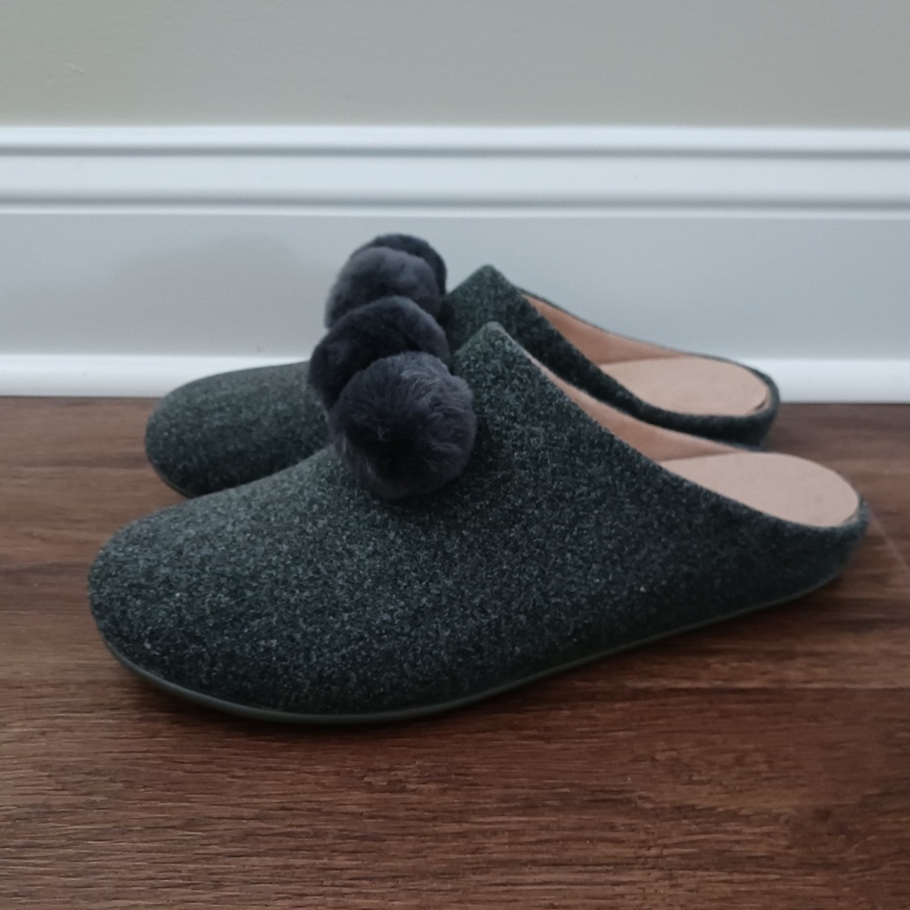 FitFlop Chrissie Pom Pom Slippers Gray Felt iQushion Womens 10 DZ2-861-080